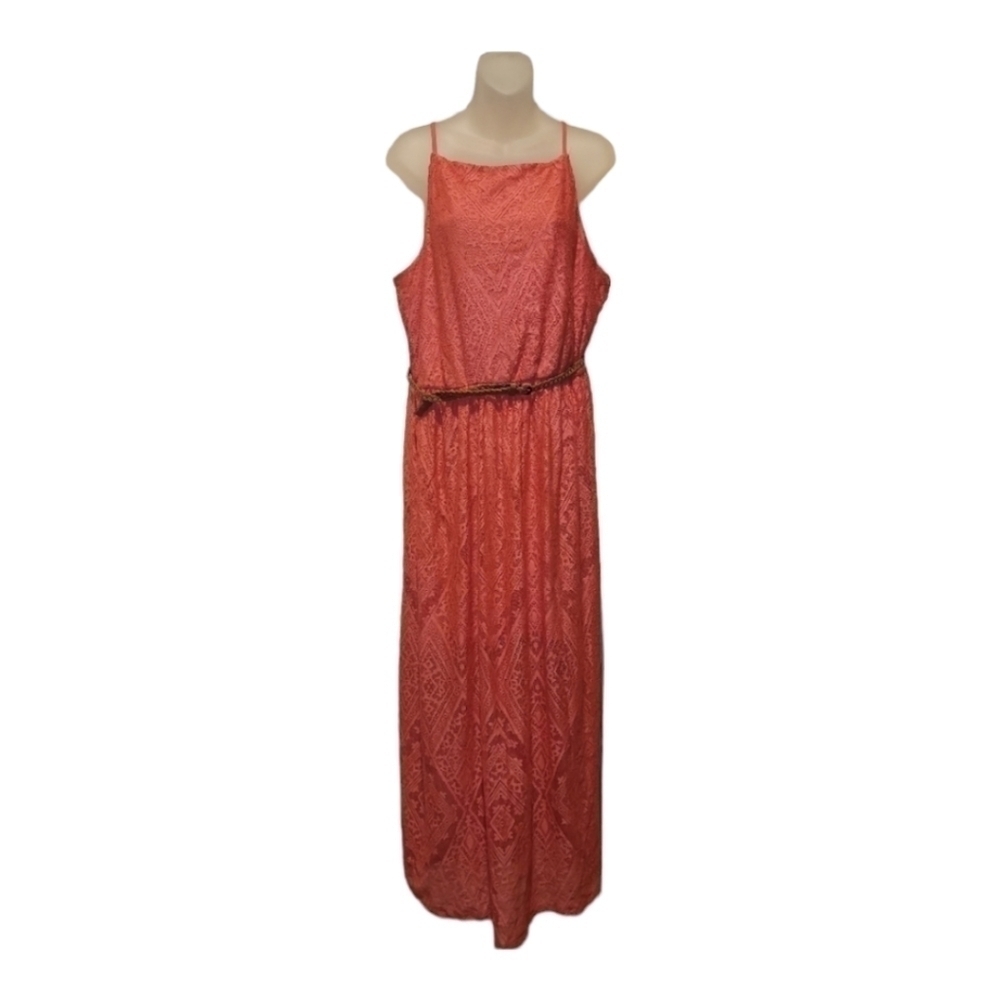 Rue 21; Spaghetti Strap Coral Lace Maxi Dress With Belt Waist, Sz XL